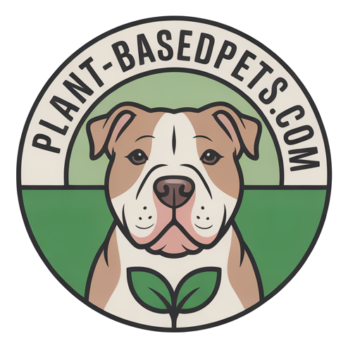 Round logo with dog and plant sprout plant-basedpets.com