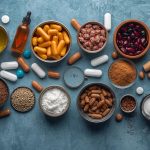 Plant-based dog food ingredients spread out on a table.