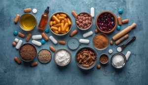 Plant-based dog food ingredients spread out on a table.